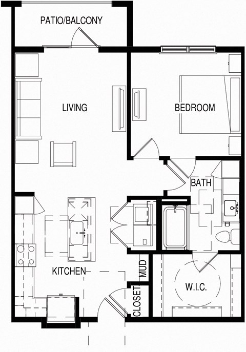 Floor plan for 1 bed, 1 bath, 769 sqft
